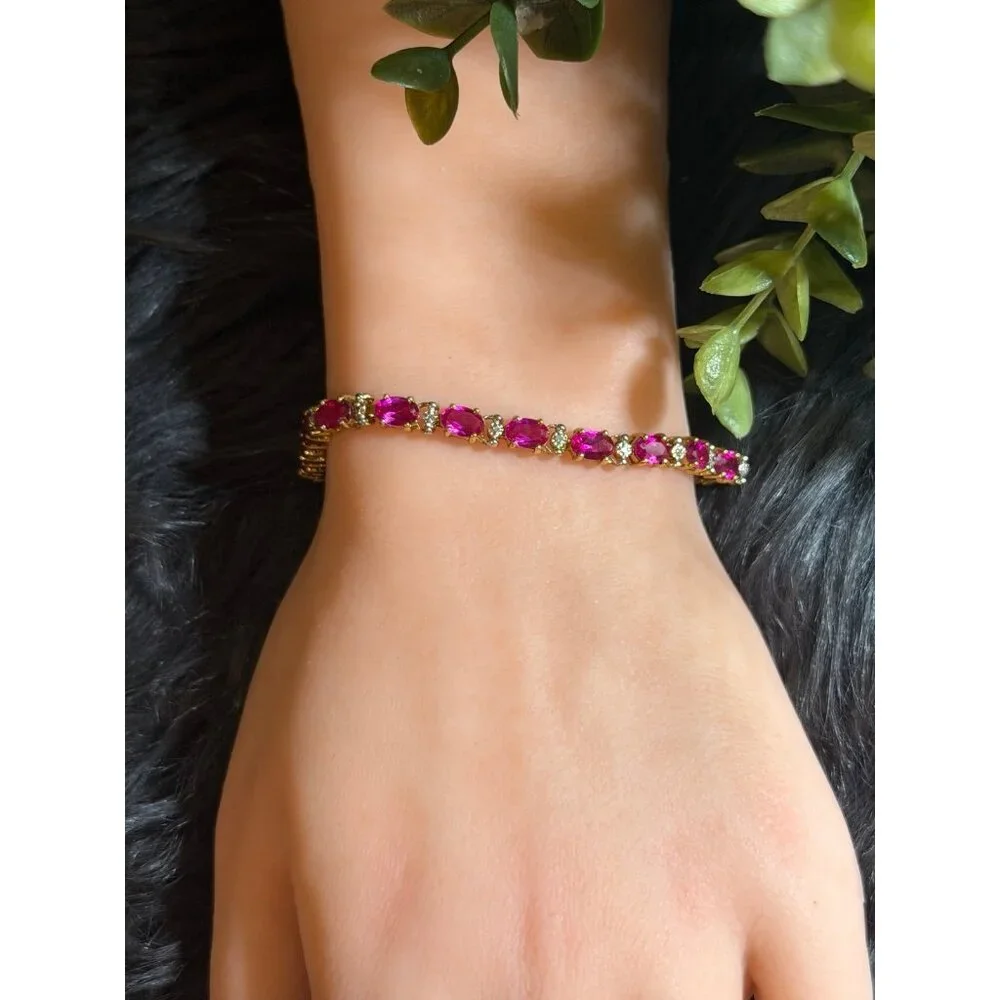 Lovely 10K Gold Syn. Rubies /Diamond Accent Tennis Bracelet‎